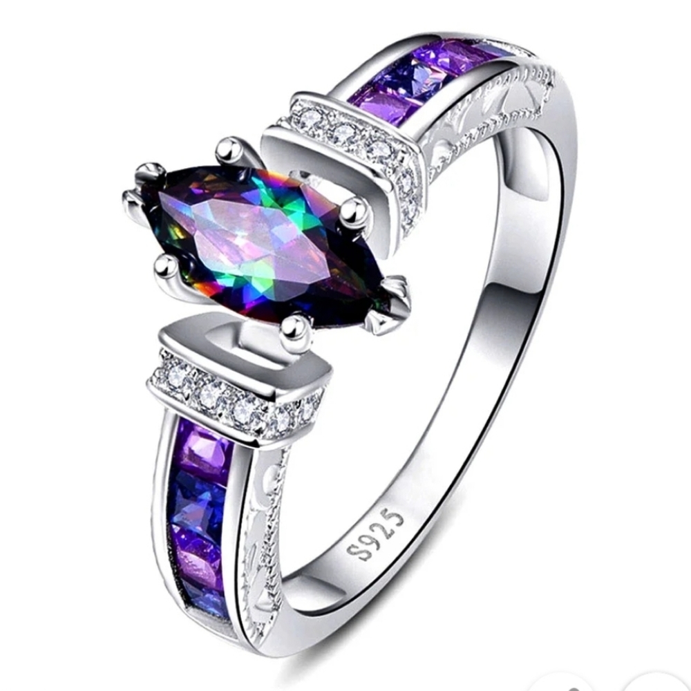 BNWT PURPLE and silver ring. Navette cut stone.